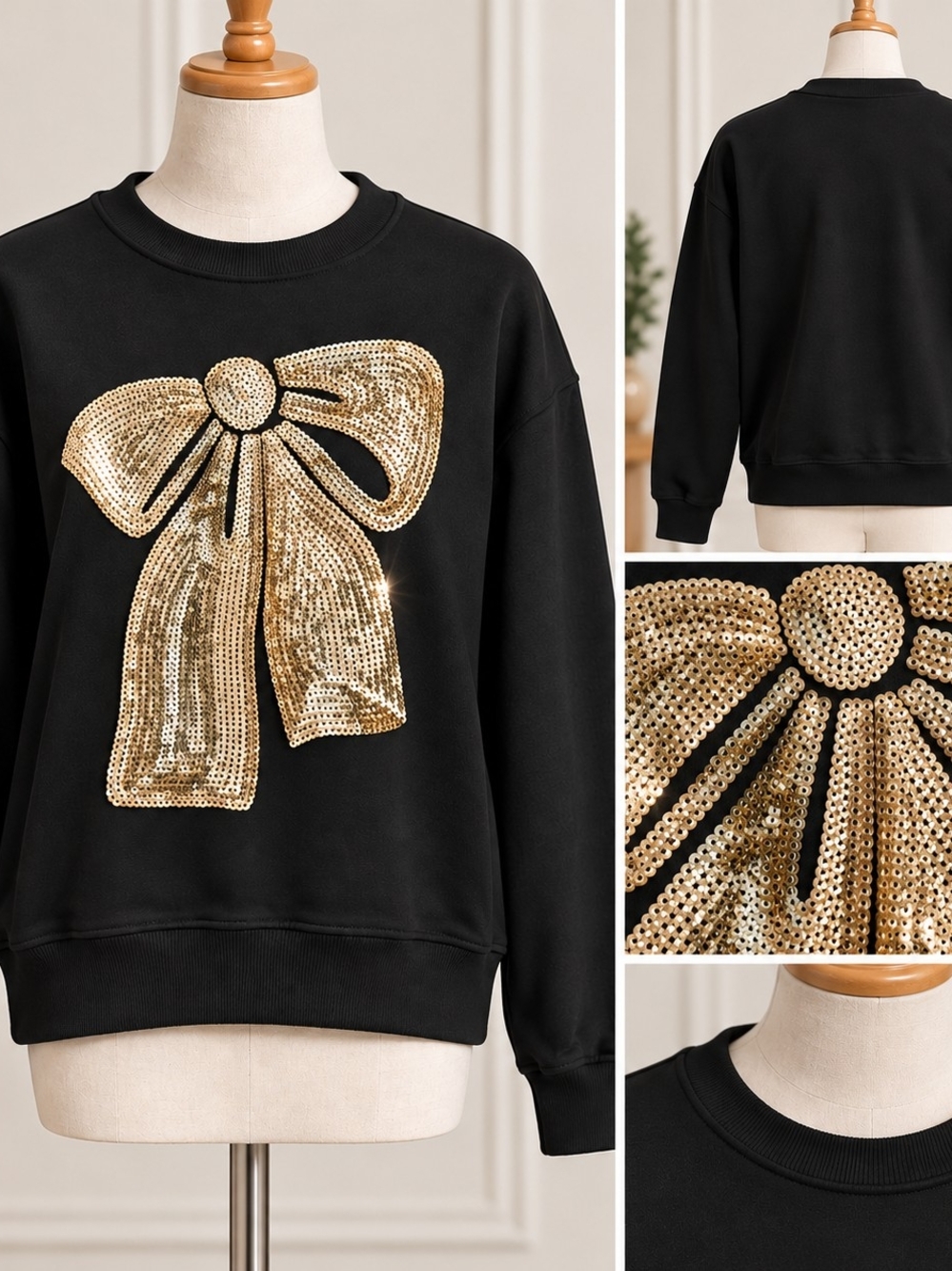 Philosophy Black Gold Sequin Bow Sweatshirt Size XS